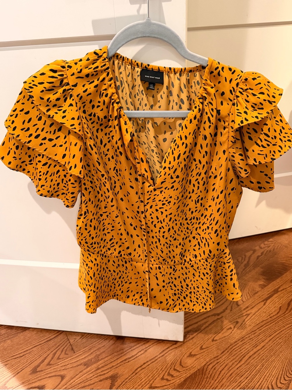 Who What Wear Yellow Black Speckled Ruffle-Sleeve Peplum Blouse